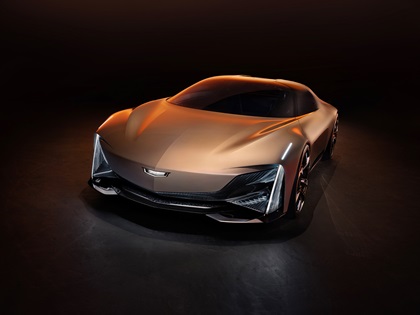 Front 3/4 view of Cadillac Opulent Velocity concept vehicle in Gilded Pearl exterior color.