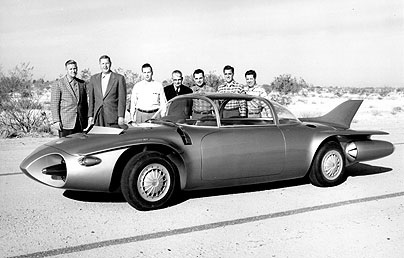The GM technical team with Firebird II during the 1957 promotional shoot. (L to R) Emmett Conklin, Bill Turunen, Gene Flanigan, Bert MacKenzie, Bill Hoef, Bob Tarien, and a GMR technician