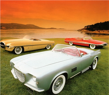 1955 Chrysler-Ghia Falcon (silver), 1954 Dodge-Ghia FireArrow (yellow), 1957 Chrysler-Ghia Diablo (red)