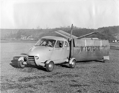 Portland, Ore. Mar. 3rd, Moulton Taylor, and his Aerocar, just prior to a 'jump' from Centralia to Chehalis in one of his recent experimental fly-runs.