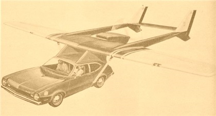 Artist's rendering shows what an Advanced Vehicle Engineers' Aircar will look like when airborne. Modified production Ford Pinto is utilized with an airframe and engine of a Cessna, which is detachable in minutes so car may be used on highways.