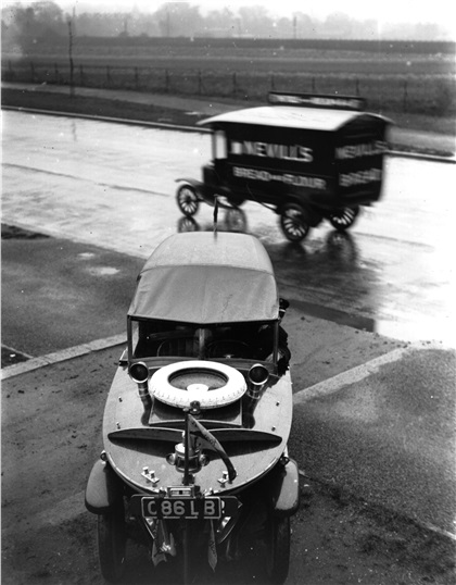 A Peugeot Motor-Boat Car, seen from above with a van passing behind it, October 1925