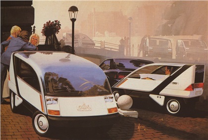 Concept painting for Credit Subscription Commuter Cars, originally designed for Philips and published in Playboy magazine (1970). From Syd Mead's book Sentinel. - The idea behind the design was a plan, drawn up in cooperation with the Dutch government, to make a fleet of small vehicles available to the public within the three-canal perimeter of Central Amsterdam, on a credit-subscription basis.