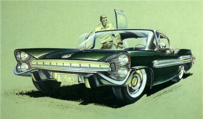 As another class asignment in derivative theme design, this front end view is reminiscent of Chrysler styling. It is also the most serious of Mead's many Art Center illustrations.