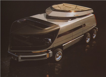 ... you'll see that the yacht's pointed nose serves two functions: It provides the aerodynamic styling that a machine of this size demands and it allows for the four lounge seats up front to be arranged at a 45-degree angle to the axis of the vehicle, thus saving considering interior space.