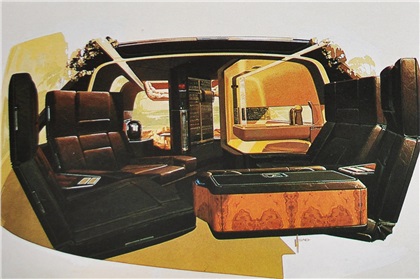 Conversation format - When our land yacht is parked, its brain box (front center) can be closed and pivoted to double as a cocktail table. The bath is shown with its door cut away; to its left are the food-prep unit and audio-video center. At rear, you see the open-air skylight with its electronic sun deck partially lowered.