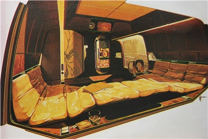 Sleeping Format - This is the rear lounge — and that bed, gentlemen, measures seven feet by six feet. In the center, below the TV and the movie projector (a screen rolls down over the rear window, foreground), is the bar capsule; it's lined with crushed velvet, like the phone container to its right.