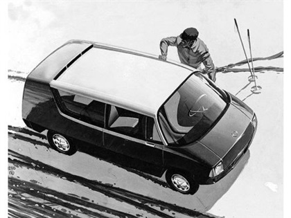 ВНИИТЭ Макси (1967) - Рисунок Эдуарда Молчанова - Хорошо виден спойлер-воздухозаборник в задней части крыши и сдвинутые далеко вперед передние сиденья.