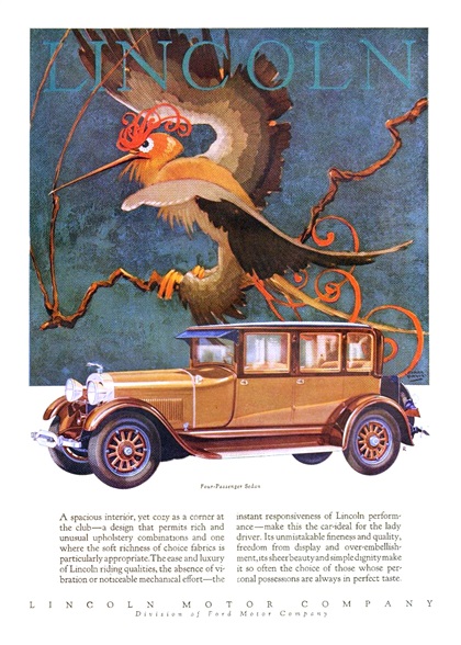 Lincoln Ad (August, 1928): Four-Passenger Sedan - Illustrated by Stark Davis
