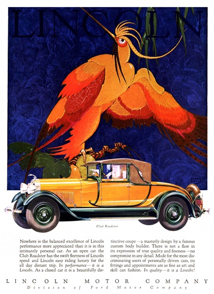 Lincoln Ad (June, 1928): Club Roadster - Illustrated by Stark Davis