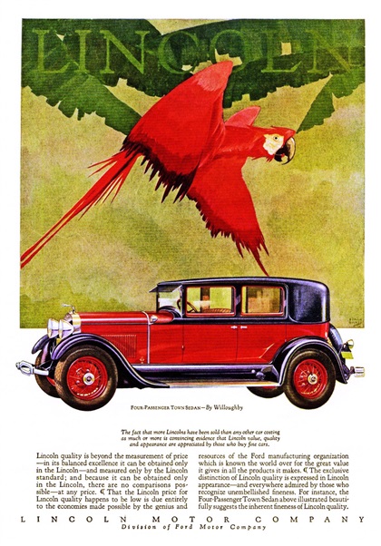 Lincoln Ad (December, 1928): Four-Passenger Town Sedan by Willoughby - Illustrated by Stark Davis