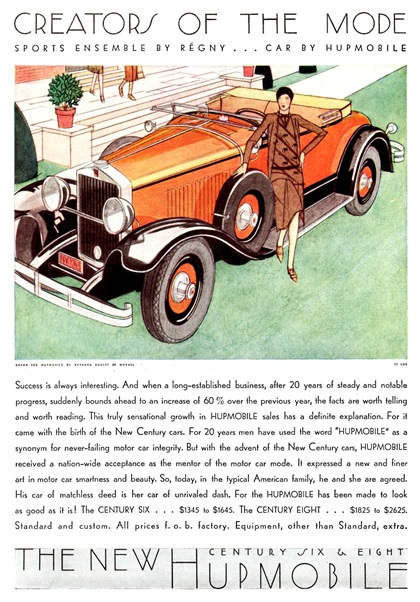 Hupmobile Advertising Art by Bernard Boutet de Monvel (April, 1929): Creators of the Mode - Sports Ensemble by Régny... Car by Hupmobile