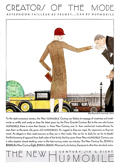 Hupmobile Advertising Art by Bernard Boutet de Monvel (March-April, 1929): Creators of the Mode - Afternoon Tailleur by Premet... Car by Hupmobile