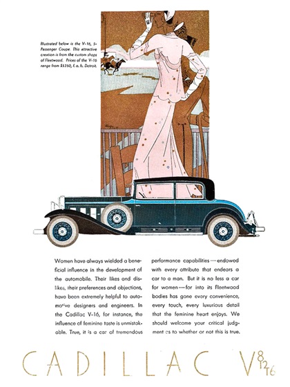 Cadillac V-16 Ad (September, 1931): Five-Passenger Coupe, with coachwork by Fleetwood - Illustrated by Leon Benigni