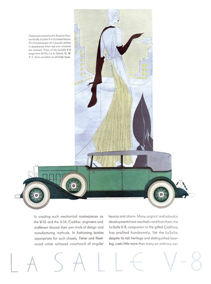 LaSalle V-8 Ad (June, 1931): All Weather Phaeton, with coachwork by Fleetwood - Illustrated by Leon Benigni