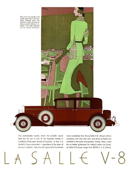 LaSalle V-8 Ad (September, 1931): Town Sedan, with coachwork by Fisher - Illustrated by Leon Benigni