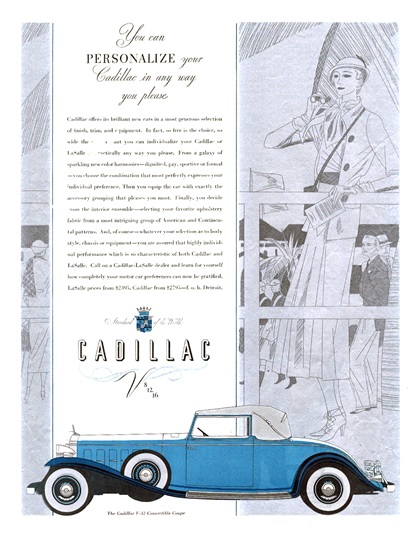 Cadillac V-12 Ad (March–April, 1932): Convertible Coupe - Illustrated by Robert Fawcett