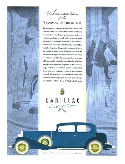 Cadillac V-12 Ad (1932): Five-Passenger Town Coupe - Illustrated by Robert Fawcett