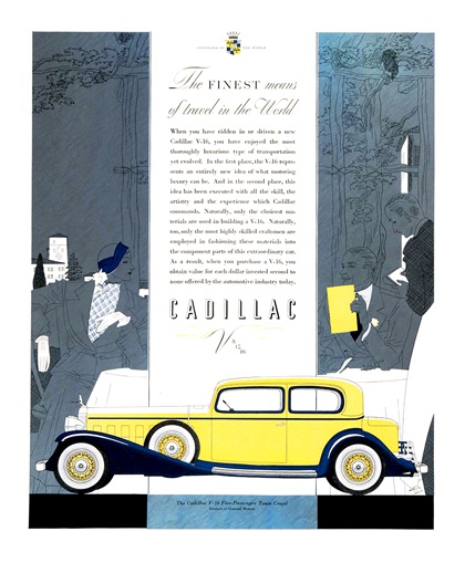 Cadillac V-16 Ad (August, 1932): Five-Passenger Town Coupe - Illustrated by Robert Fawcett