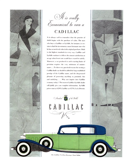 Cadillac V-8 Ad (March, 1932): Five-Passenger Town Sedan - Illustrated by Robert Fawcett