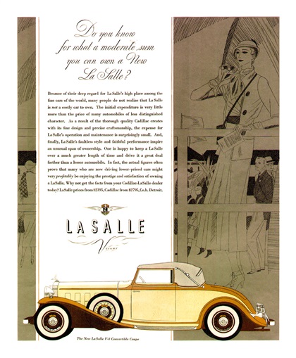 LaSalle V-8 Ad (April, 1932): Convertible Coupe - Illustrated by Robert Fawcett