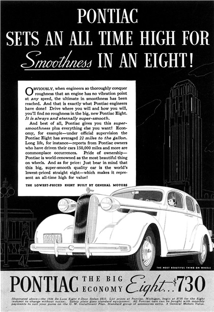 Pontiac De Luxe Eight 4-Door Sedan Ad (June, 1936): Pontiac sets an all time high for smoothness in an eight!