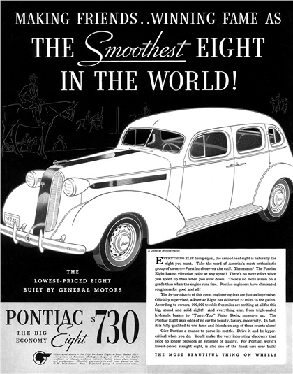 Pontiac De Luxe Eight 4-Door Sedan Ad (June, 1936): Making Friends..Winning Fame as the Smoothest Eight in the World!