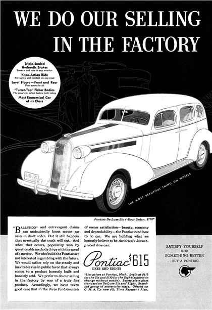 Pontiac De Luxe Six 4-Door Sedan Ad (February-March, 1936): We do our selling in the factory