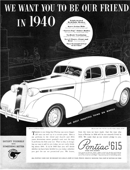 Pontiac De Luxe Eight 4-Door Sedan Ad (February, 1936): We want you to be our friend in 1940
