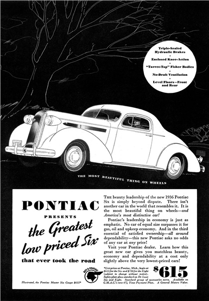 Pontiac Master Six Coupe Ad (December, 1935): Pontiac presents the Greatest low priced Six that ever took the road