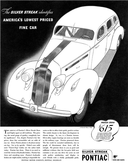 Pontiac Silver Streak Sixes and Eights Ad (May, 1935): The Silver Streak identifies America's lowest priced fine car