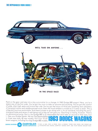 Dodge Custom 880 Hardtop Station-Wagon Ad (February, 1963): The dependables from Dodge! - We'll take on anyone... in the space race