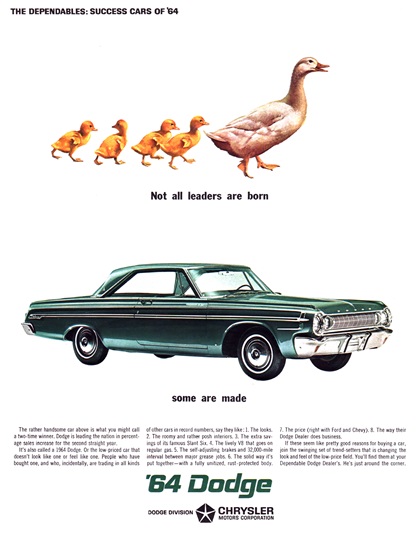 Dodge Polara Ad (March, 1964): The dependables: Success cars of'64 - Not all leaders are born - some are made