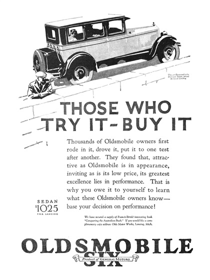 Oldsmobile Six DeLuxe Sedan Ad (June, 1926): Those who try it - buy it