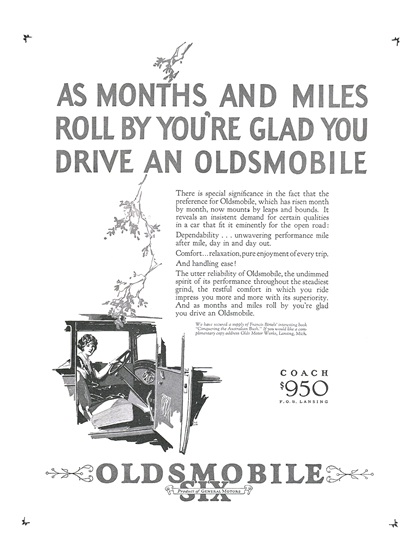 Oldsmobile Six Coach Ad (July, 1926): As months and miles roll by you're glad you drive an Oldsmobile