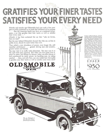 Oldsmobile Six DeLuxe Coach Ad (October, 1926): Gratifies your finer tastes, satisfies your every need - Illustrated by Fred Cole