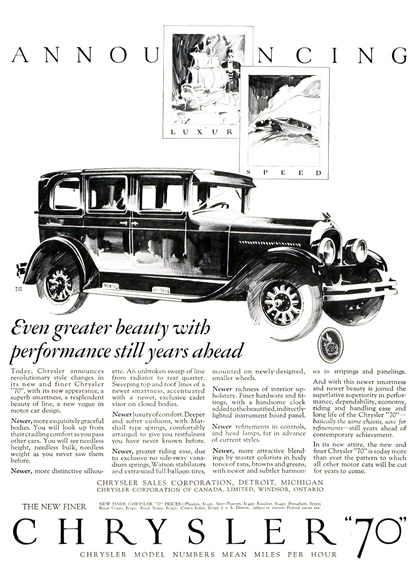 Chrysler "70" Announcing Ad (October-November, 1926): Luxury & Speed - Illustrated by Fred Cole