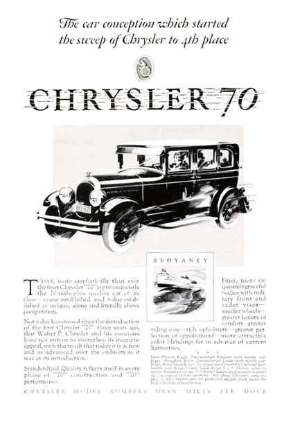 Chrysler "70" Ad (June, 1927): Buoyancy - Illustrated by Fred Cole