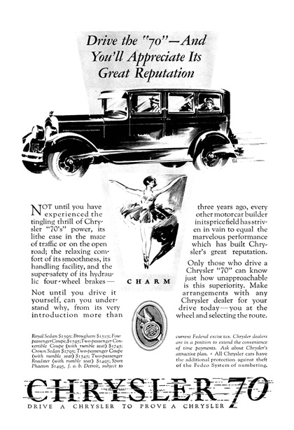 Chrysler "70" Ad (July, 1927): Charm - Illustrated by Fred Cole