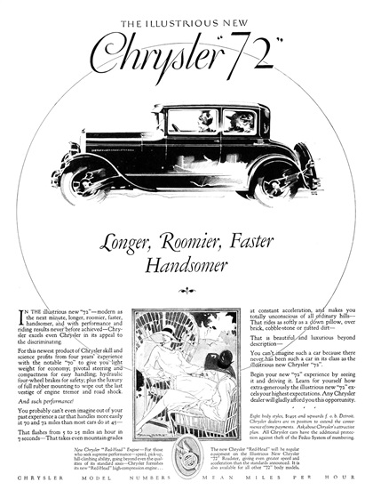 Chrysler "72" Ad (September-October, 1927): Longer, Roomier, Faster, Handsomer - Illustrated by Fred Cole and Edwin Dahlberg