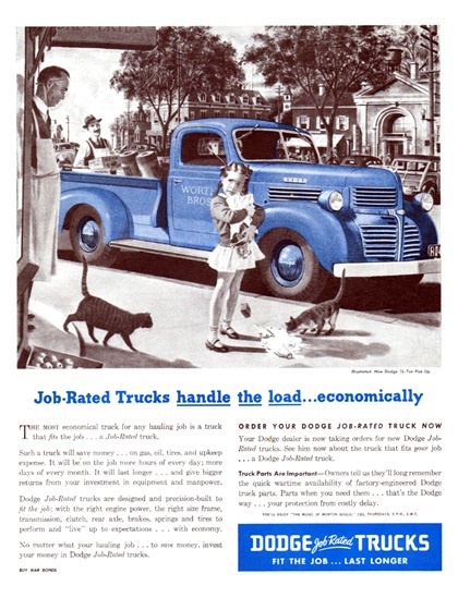 Dodge Trucks Ad (1945): Job-Rated Trucks handle the load... economically
