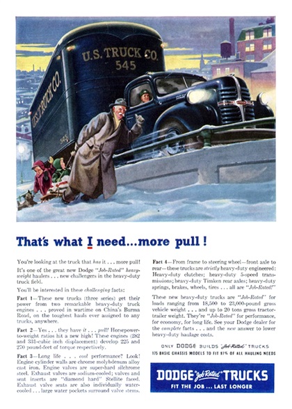 Dodge Trucks Ad (February, 1947): That's what I need... more pull!