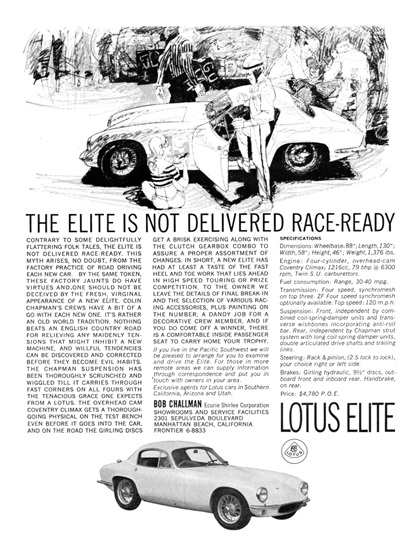 Lotus Elite Coupe Ad (February, 1962) - The Elite Is Not Delivered Race-Ready