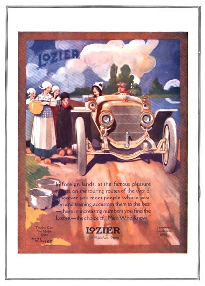 Lozier Touring Car Ad (1912): In foreign lands... you find the Lozier - the choice of 'Men Who Know' - Illustrated by René Vincent