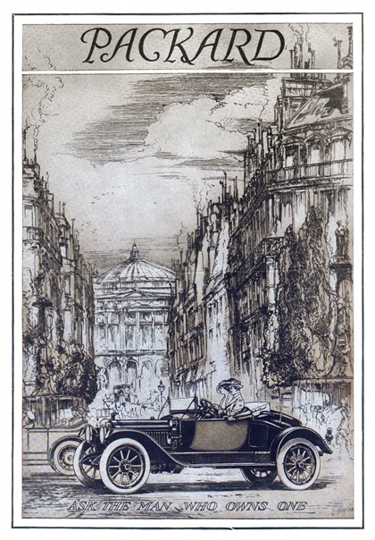Packard Ad (1913): The Packard Phaeton-Runabout in Paris - From the etching by Earl Horter