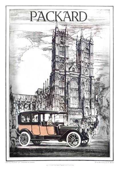 Packard Ad (1914): The New Packard '38' Limousine in London - From the etching by Earl Horter