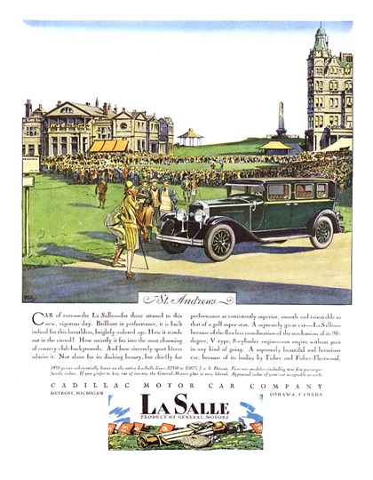 Cadillac/LaSalle Ad (April, 1928): St. Andrews - Illustrated by Edward A. Wilson