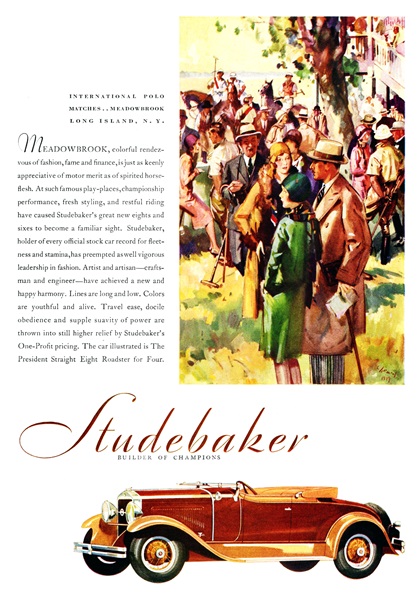 Studebaker President Straight Eight Roadster for Four Ad (April-June, 1929): International Polo Matches. Meadowbrook Long Island, N.Y. - Illustrated by Harry Laverne Timmins