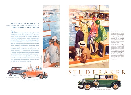 Studebaker Commander Victoria, Commander Regal Roadster and President Eight Brougham for Five Ad (May, 1929): The Yacht and Motor Boat Galleries at the Harvard-Yale Boat Races. New London - Illustrated by Harry Laverne Timmins