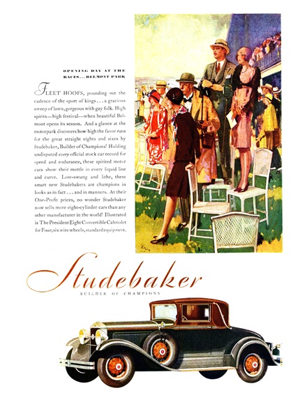 Studebaker President Eight Convertible Cabriolet for Four Ad (June, 1929): Opening Day at the Races... Belmont Park - Illustrated by Harry Laverne Timmins
